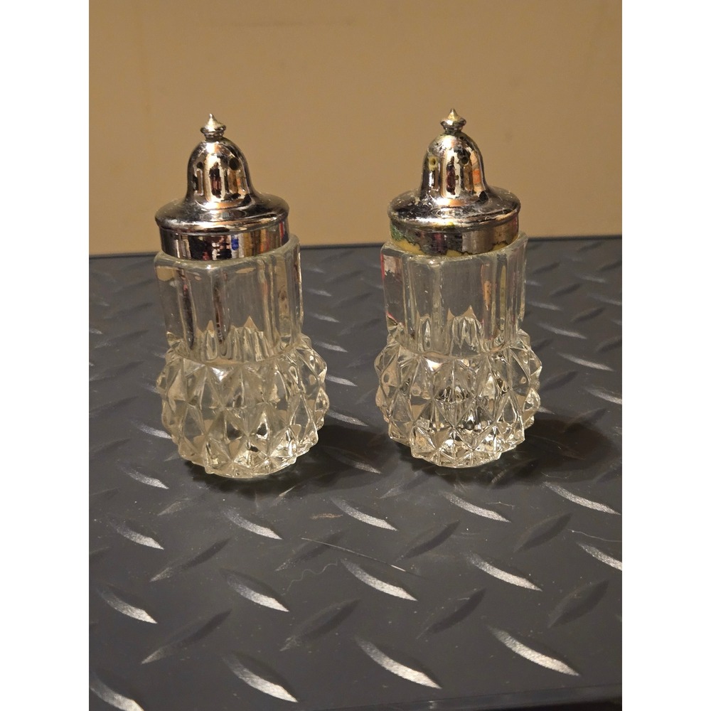 Vintage Cut Glass Salt and Pepper Shakers Diamond Point Hobnail Clear Silver Lid